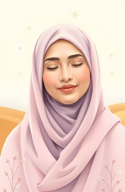 A soft and compassionate portrayal of a young woman wearing a flowing hijab, radiating warmth and kindness
