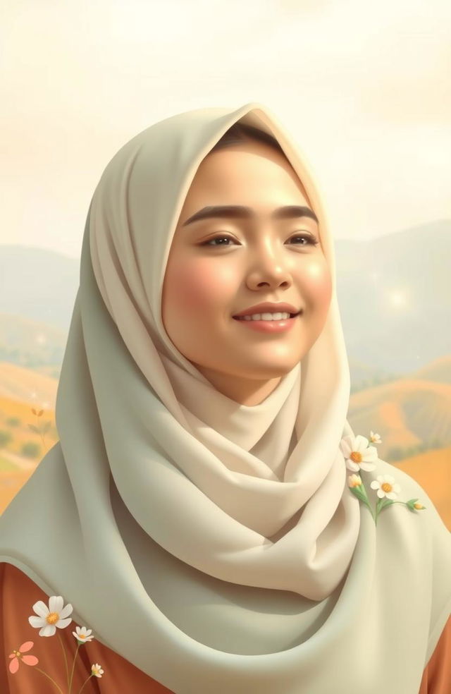 A soft and compassionate portrayal of a young woman wearing a flowing hijab, radiating warmth and kindness