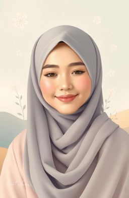 A soft and compassionate portrayal of a young woman wearing a flowing hijab, radiating warmth and kindness