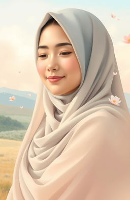 A soft and compassionate portrayal of a young woman wearing a flowing hijab, radiating warmth and kindness