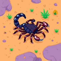An isometric view of a pixelated scorpion facing right, designed with vivid colors and distinct pixel edges