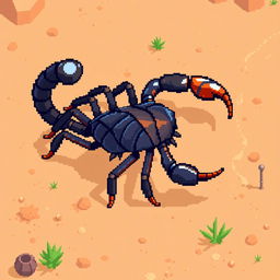 An isometric view of a pixelated scorpion facing right, designed with vivid colors and distinct pixel edges