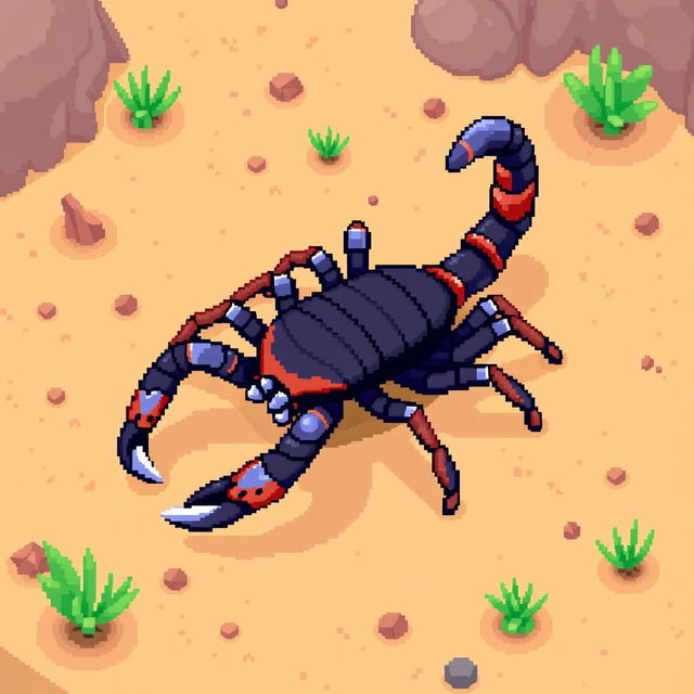 An isometric view of a pixelated scorpion facing right, designed with vivid colors and distinct pixel edges