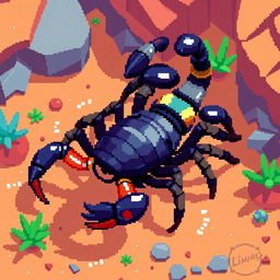 An isometric view of a pixelated scorpion facing right, designed with vivid colors and distinct pixel edges