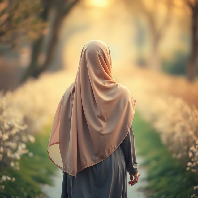 A captivating and gentle image of a young woman wearing a flowing hijab, viewed from behind as she walks along a path