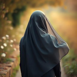 A captivating and gentle image of a young woman wearing a flowing hijab, viewed from behind as she walks along a path