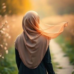 A captivating and gentle image of a young woman wearing a flowing hijab, viewed from behind as she walks along a path