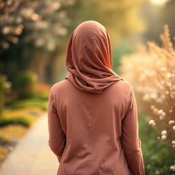A captivating and gentle image of a young woman wearing a flowing hijab, viewed from behind as she walks along a path