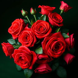 A large voluminous bouquet of bright red roses resting beautifully on a dark green background