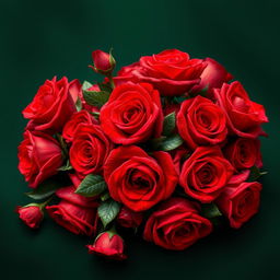 A large voluminous bouquet of bright red roses resting beautifully on a dark green background