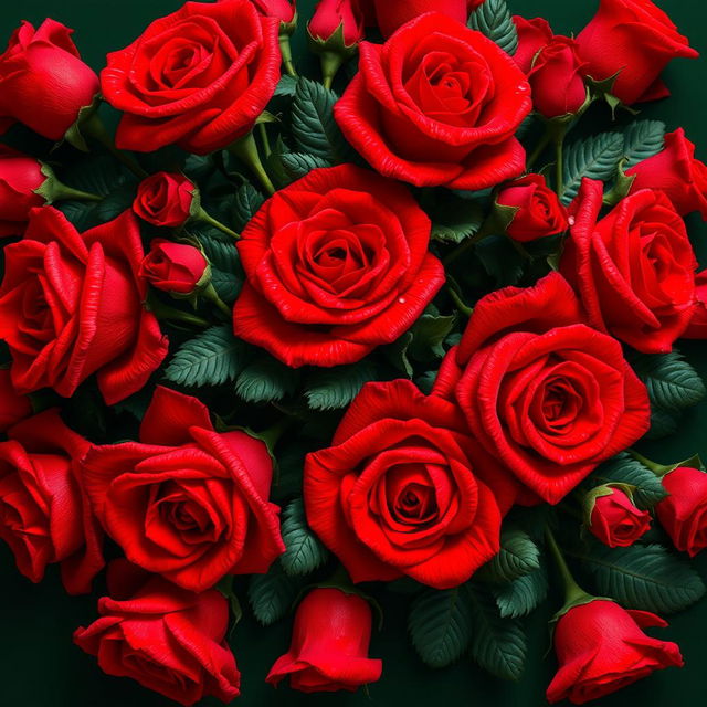 A large voluminous bouquet of bright red roses resting beautifully on a dark green background