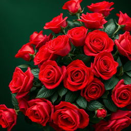 A large voluminous bouquet of bright red roses resting beautifully on a dark green background