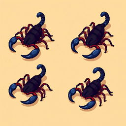 A series of pixelated frames showcasing an isometric view of a scorpion in different poses, capturing a fluid motion style