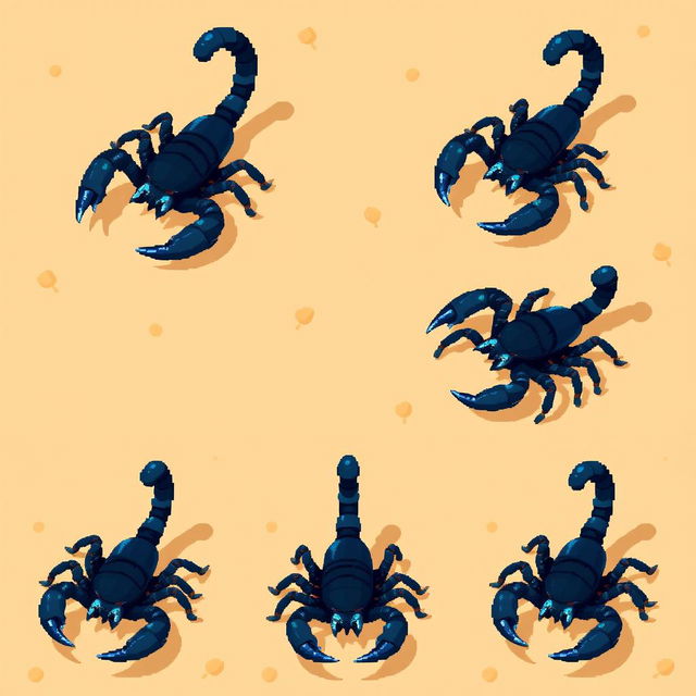 A series of pixelated frames showcasing an isometric view of a scorpion in different poses, capturing a fluid motion style