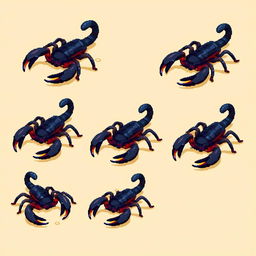 A series of pixelated frames showcasing an isometric view of a scorpion in different poses, capturing a fluid motion style