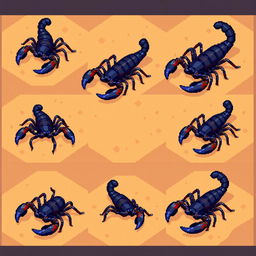 A series of pixelated frames showcasing an isometric view of a scorpion in different poses, capturing a fluid motion style