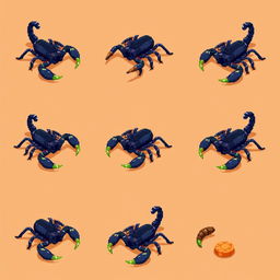 A series of pixelated frames depicting an isometric view of a scorpion, illustrating various actions and poses in a fluid motion style