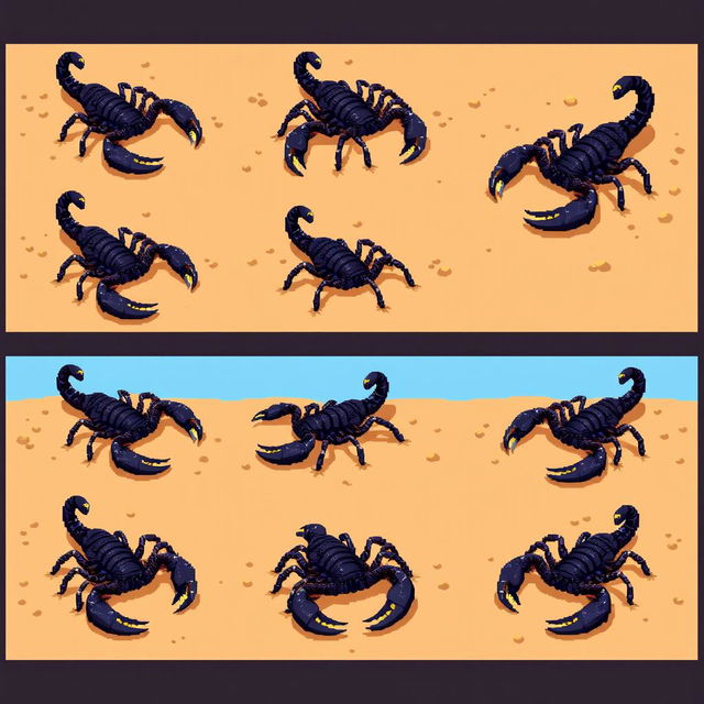 A series of pixelated frames depicting an isometric view of a scorpion, illustrating various actions and poses in a fluid motion style