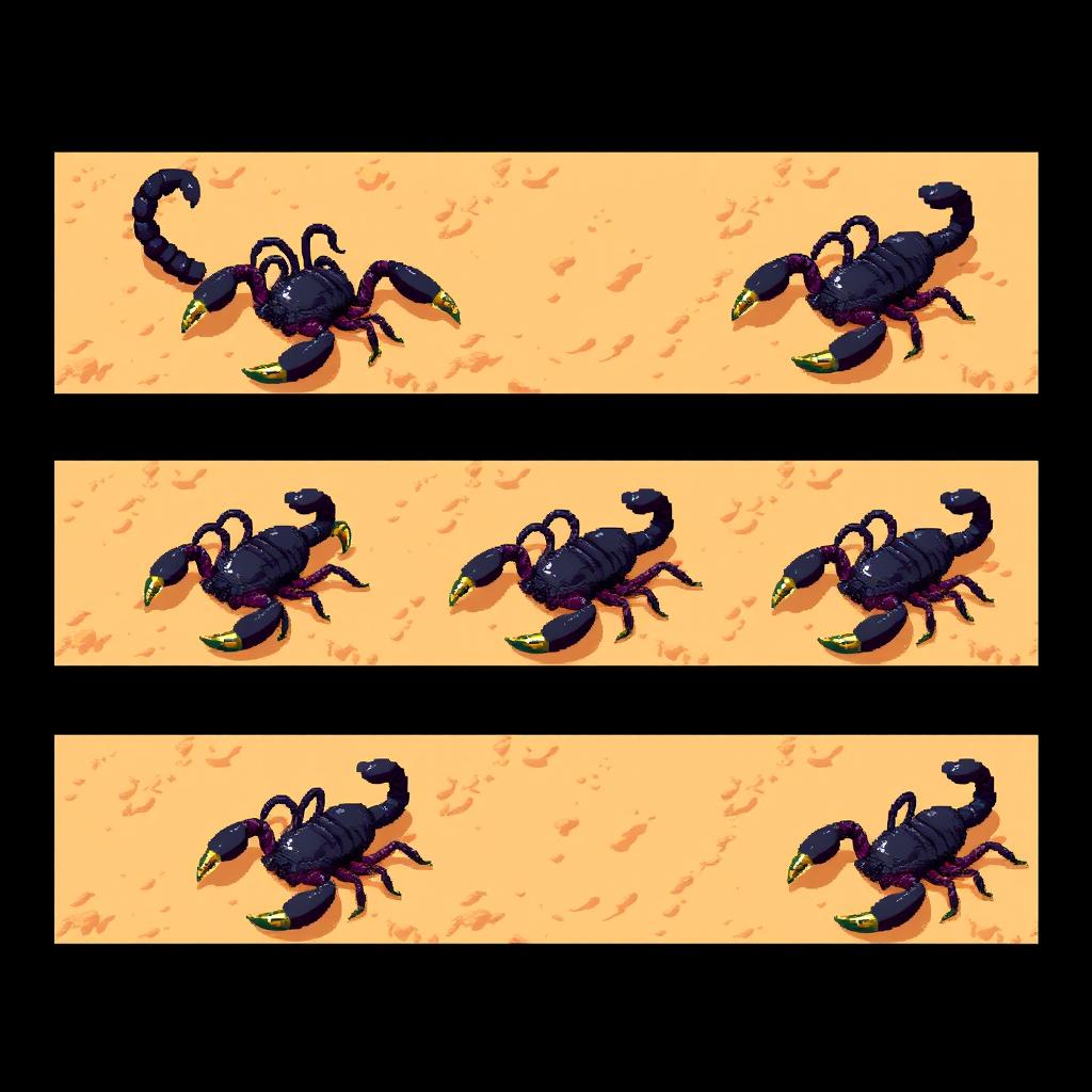 A series of pixelated frames depicting an isometric view of a scorpion, illustrating various actions and poses in a fluid motion style