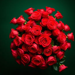 A large voluminous arrangement of bright red roses set against a dark green background, showcasing intricate details and vibrant colors