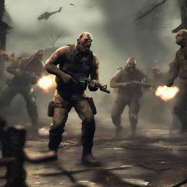 A horrifying and exciting scene from the Origins zombie map in Call of Duty: Black Ops 2, featuring players battling an onslaught of terrifying zombies in the torn and muddied World War I battlefield