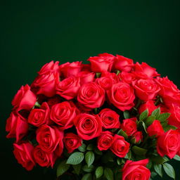 A large voluminous arrangement of bright red roses set against a dark green background, showcasing intricate details and vibrant colors