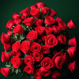 A large voluminous arrangement of bright red roses set against a dark green background, showcasing intricate details and vibrant colors