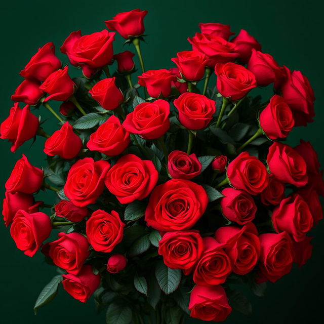 A large voluminous arrangement of bright red roses set against a dark green background, showcasing intricate details and vibrant colors