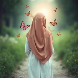 A heartwarming image of a young woman wearing a flowing hijab, viewed from behind as she walks along a path in the distance