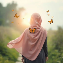 A heartwarming image of a young woman wearing a flowing hijab, viewed from behind as she walks along a path in the distance