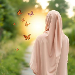 A heartwarming image of a young woman wearing a flowing hijab, viewed from behind as she walks along a path in the distance