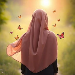 A heartwarming image of a young woman wearing a flowing hijab, viewed from behind as she walks along a path in the distance