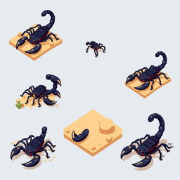 A collection of pixelated frames presenting an isometric view of a scorpion in various dynamic poses, illustrating a smooth animation style