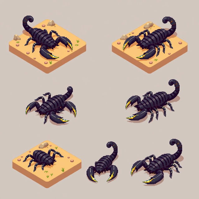 A collection of pixelated frames presenting an isometric view of a scorpion in various dynamic poses, illustrating a smooth animation style