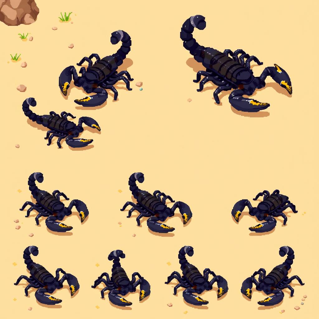 A collection of pixelated frames presenting an isometric view of a scorpion in various dynamic poses, illustrating a smooth animation style