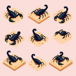 A collection of pixelated frames presenting an isometric view of a scorpion in various dynamic poses, illustrating a smooth animation style