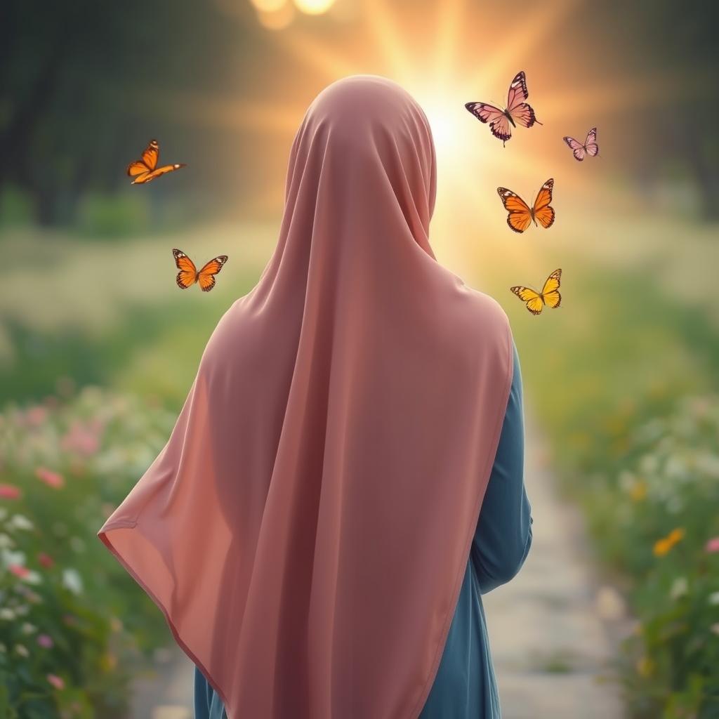 A touching and serene image of a young woman wearing a flowing hijab, seen from behind as she walks along a distant path