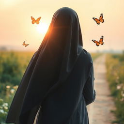 A touching and serene image of a young woman wearing a flowing hijab, seen from behind as she walks along a distant path