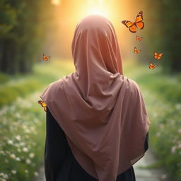 A touching and serene image of a young woman wearing a flowing hijab, seen from behind as she walks along a distant path