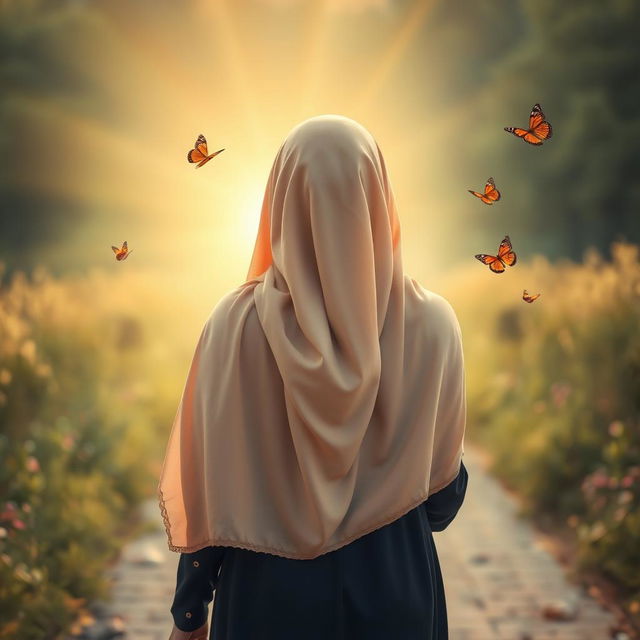 A touching and serene image of a young woman wearing a flowing hijab, seen from behind as she walks along a distant path