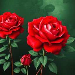 A stunning wallpaper design featuring large, voluminous bright red roses on one side, set against a deep, rich dark green background