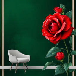 A stunning wallpaper design featuring large, voluminous bright red roses on one side, set against a deep, rich dark green background