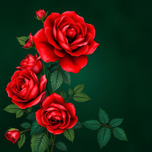 A stunning wallpaper design featuring large, voluminous bright red roses on one side, set against a deep, rich dark green background