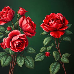 A stunning wallpaper design featuring large, voluminous bright red roses on one side, set against a deep, rich dark green background