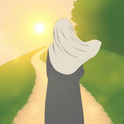 A serene illustration of a young woman wearing a flowing hijab, seen from behind as she walks along a long and winding path