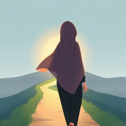 A serene illustration of a young woman wearing a flowing hijab, seen from behind as she walks along a long and winding path