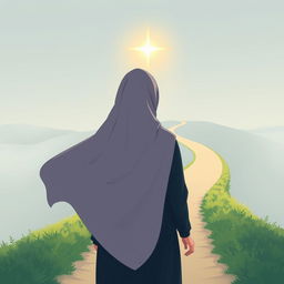 A serene illustration of a young woman wearing a flowing hijab, seen from behind as she walks along a long and winding path