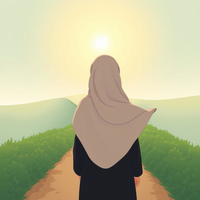 A serene illustration of a young woman wearing a flowing hijab, seen from behind as she walks along a long and winding path