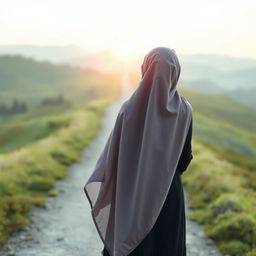 An inspiring image of a young woman wearing a flowing hijab, depicted from behind as she stands on the halfway point of a long and winding path