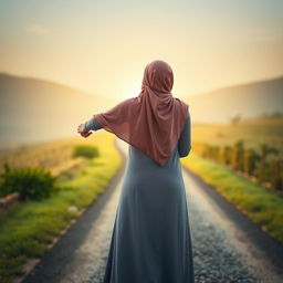 An inspiring image of a young woman wearing a flowing hijab, depicted from behind as she stands on the halfway point of a long and winding path
